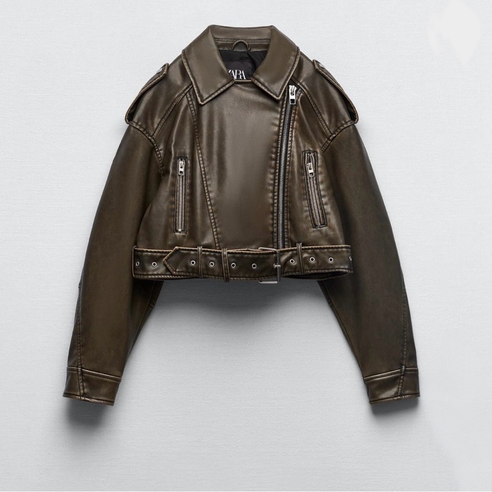 ZARA Brown Distressed Vegan Leather Moto Jacket
